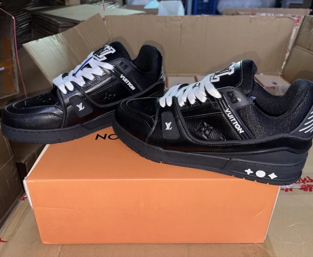Louis Vuitton black monogram trainer sneakers with white laces