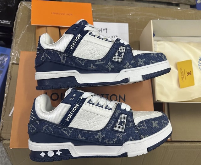 Louis Vuitton blue monogram trainer sneakers with white panels
