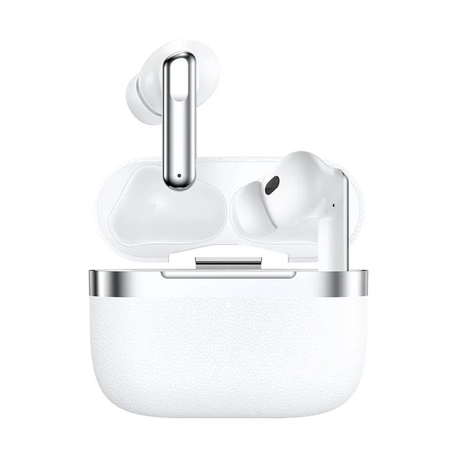 P102 white in-ear wireless earbuds in an open silver-band charging case