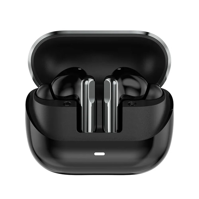 P103 black in-ear wireless earbuds seated in an open rounded charging case