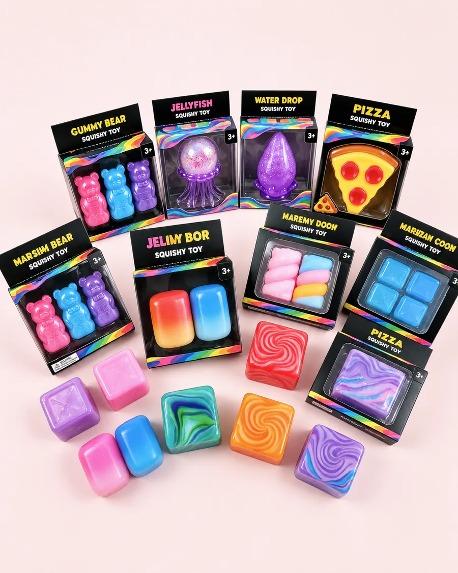 Colorful packaged squishy toy collection