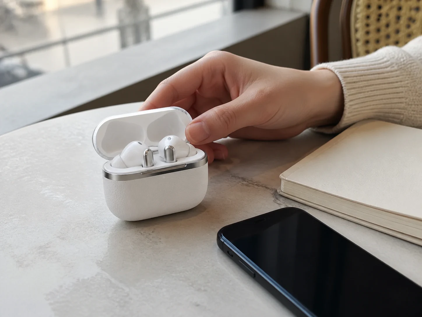 Illustrative lifestyle scene of P102 white wireless earbuds in an open charging case on a cafe table