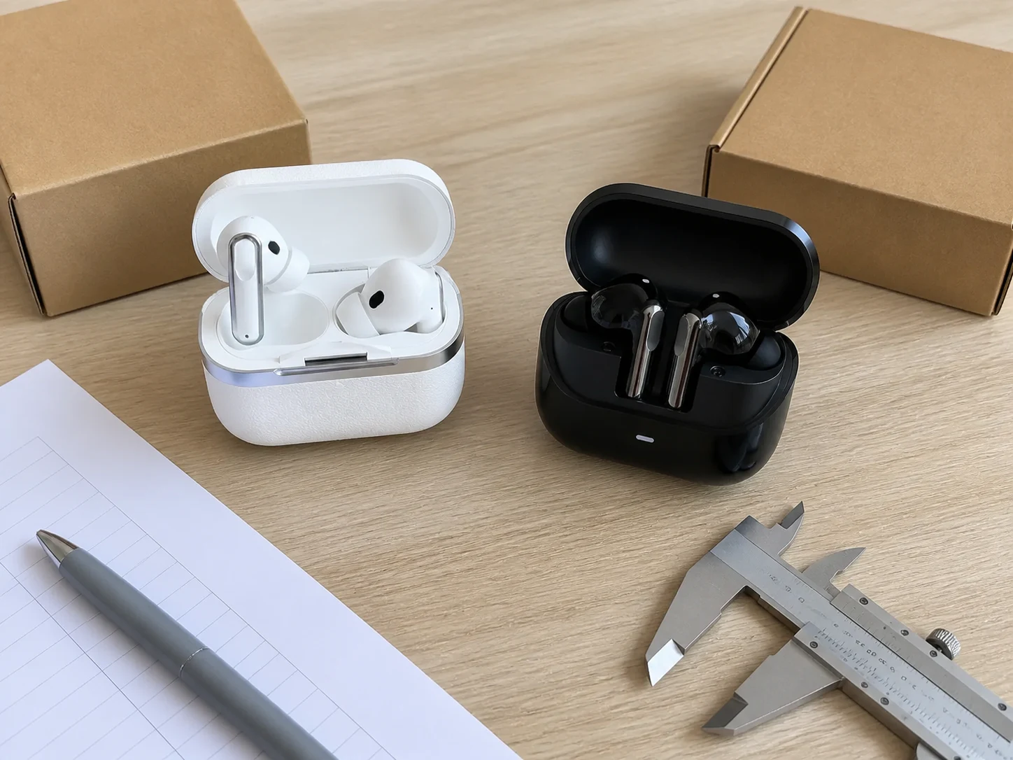 Illustrative sample review scene with P102 and P103 wireless earbuds, plain boxes, a checklist and caliper