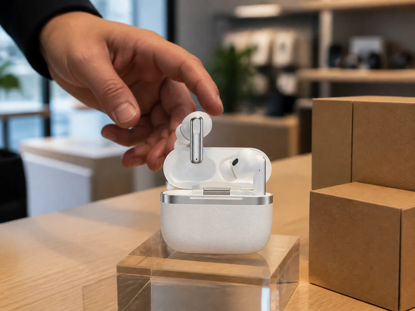 Illustrative retail display scene of the white P102 wireless earbuds on a clear counter riser beside plain kraft boxes