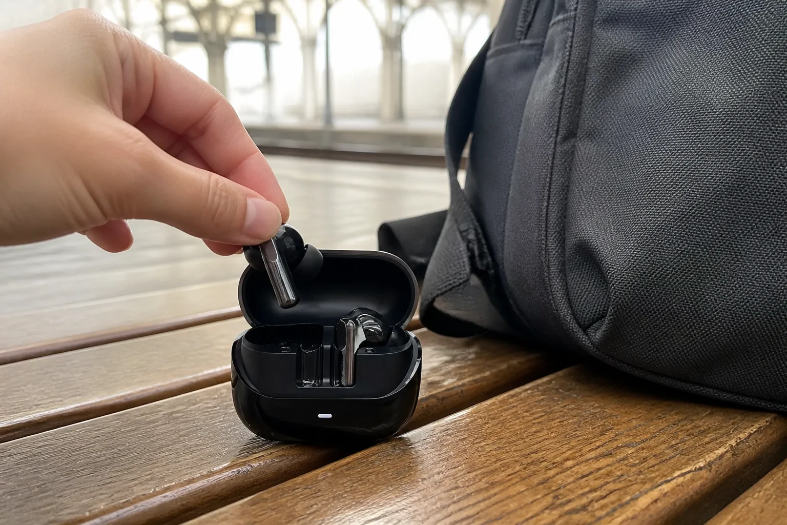 Illustrative lifestyle scene of a hand lifting a P103 black wireless earbud from its case beside a travel bag
